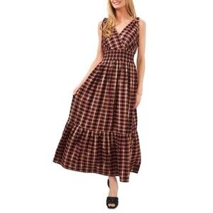 Vince Camuto Maxi Dress Size M Womens Plaid Brown Red Gold Cottagecore Milkmaid